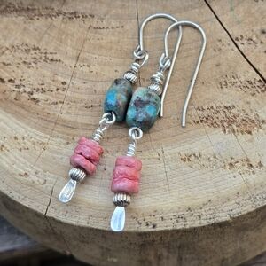 Arizona Turquoise And Coral Silver Earrings. Handmade NEW